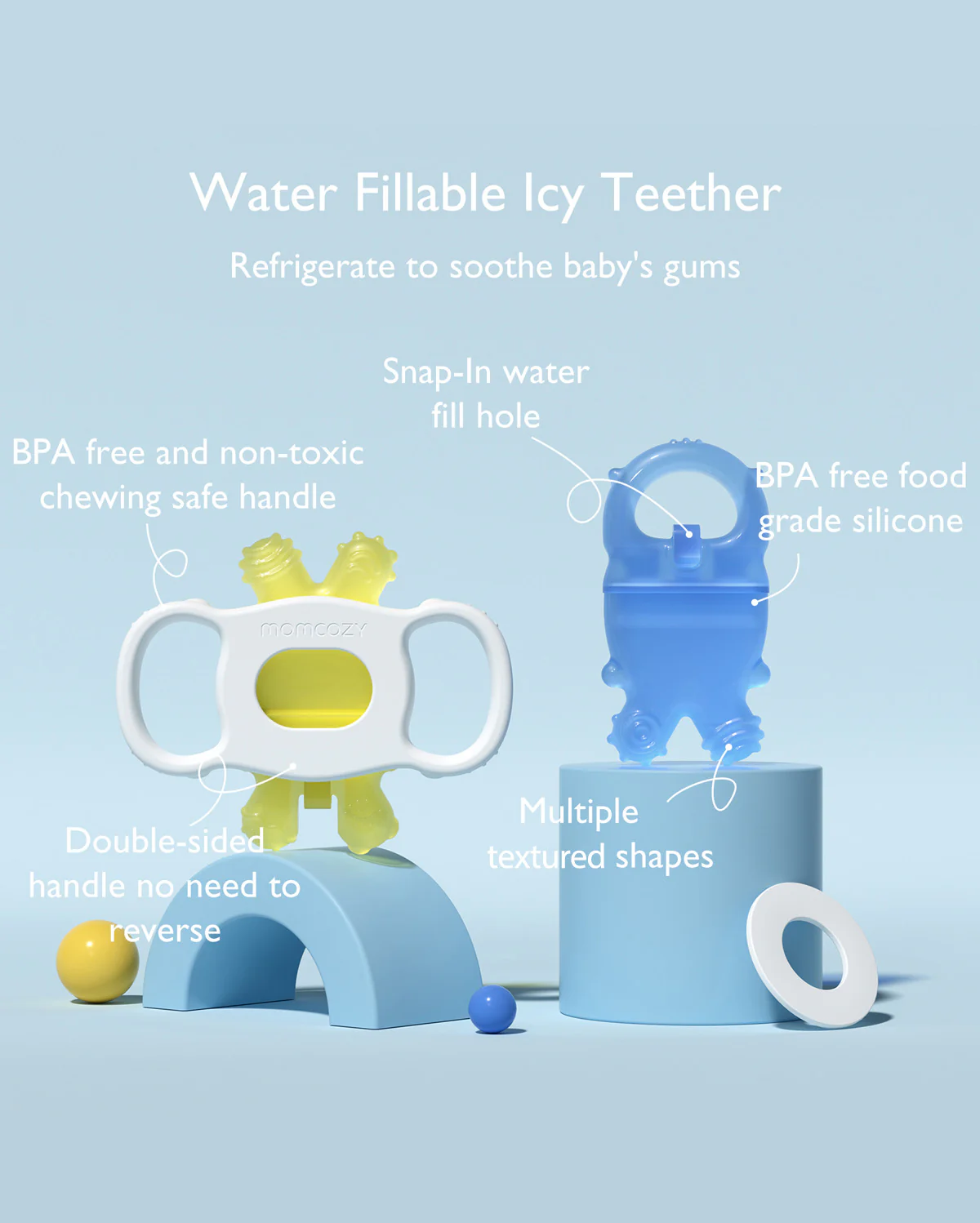 Momcozy Water Fillable Teether (Blue and Yellow 2 Pcs) - Image 2